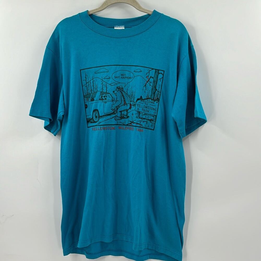 Vintage 1988 Yellowstone fire hey shit happen blue t shirt